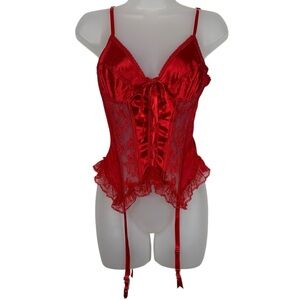 Unforgettable Bright Red Ruffle Corset Lace Up Garter Clip Bodysuit Top Large L